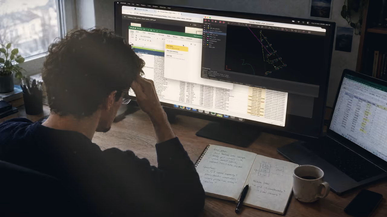 A developer at a desk, head in his hand, with spreadsheets and a map of grid lines on his screens and handwritten site notes beside him